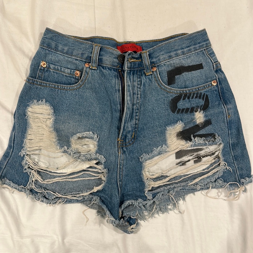 Signature 8 Ripped Denim Shorts with “Love” written down the leg